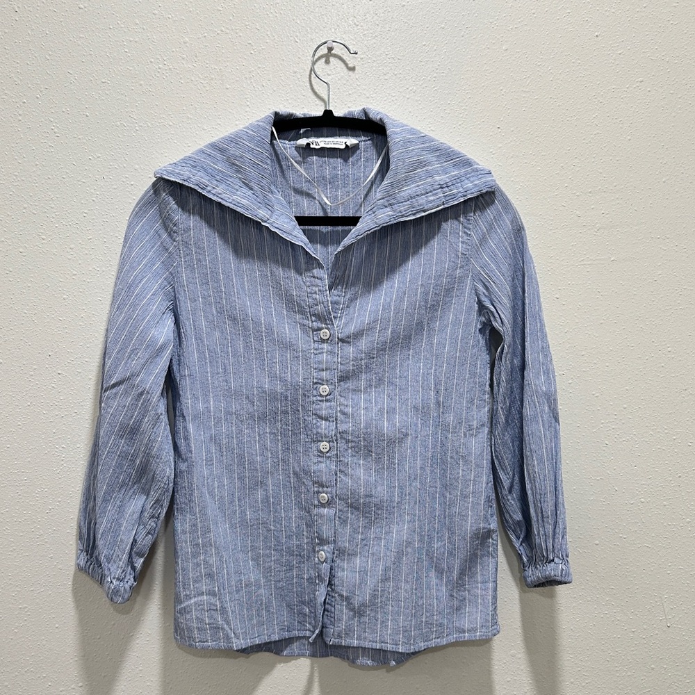 ZARA women's ZW Collection striped shirt light blue 100% cotton size XS